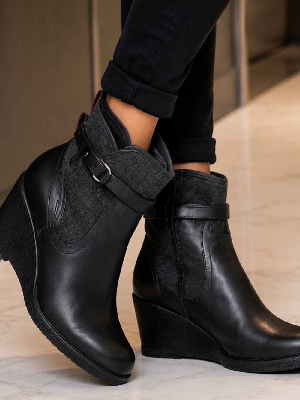 ​UGG Australia Emalie Waterproof Black Leather Wedge Booties Size 7